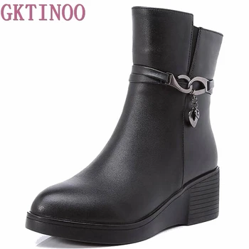 

2018 New Wedges Women Boots Fashion Genuine Leather High-heeled Platform Ankle Boots Zip High Heels Winter Warm Shoes With fur