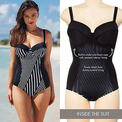 

New Women Plus Size Padded One Piece Striped Push Up Bikini Swimwear Monokini Swimsuit Bathing Beachwear