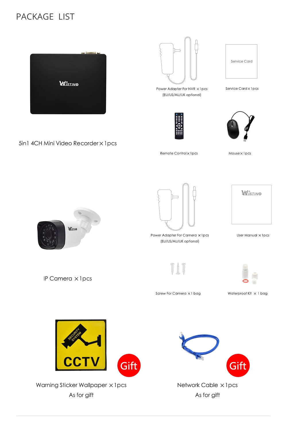 Wistino 2MP CCTV Security System Kit Mini NVR H.265 1pcs IP Camera Outdoor Night Vision Surveillance Monitor Kits XMeye 1MP 960P (14)