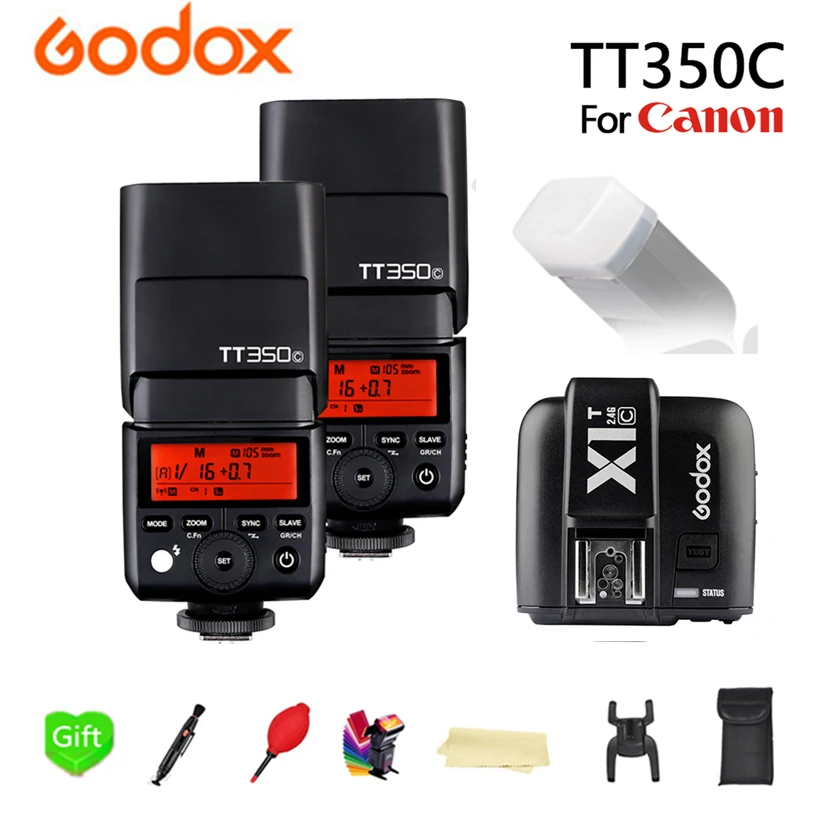 

GODOX 2x TT350C Flash 2.4G Wireless TTL HSS GN36 1/8000s Flash Speedlite Pocket lights + X1T-C Transmitter For Canon Camera