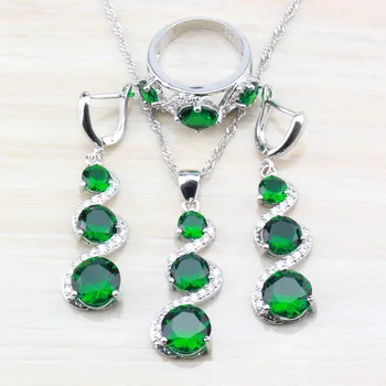 

925 Silver Jewelry For Women Sets Green Cubic Zircon Long Earrings/Necklace/Ring Size 6/7/8/9/10 For Women Costume Accessories