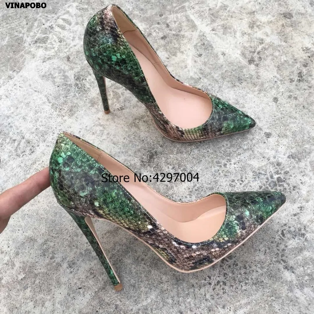 

2019 Hot Sales Women Pumps Fashion Design High Heels Shoes High Quality green Snake Pattern print Genuine leather Casual Shoes