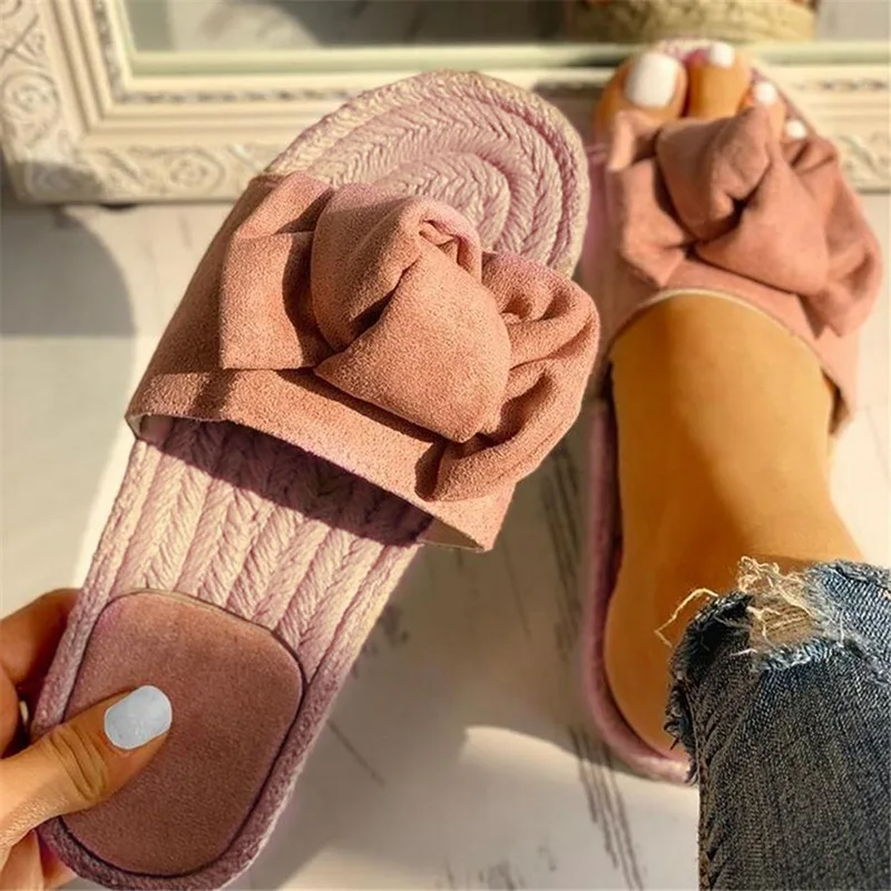 

LOOZYKIT Women Slippers Indoor Outdoor Linen Flip-flops Beach Women Shoes Bow Summer Sandals Female Floral Flat Sandals