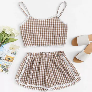 

Sleep Lounge Pajama Set Sexy Plaid Sleepwear Women Summer Pyjama Femme Fashion Crop Top And Shorts Pajamas for Women