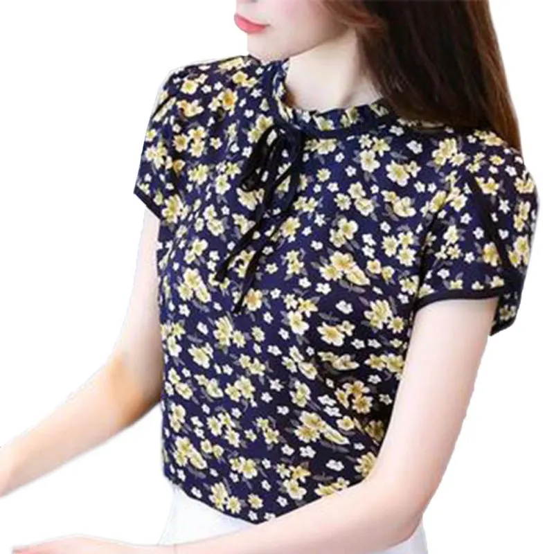 

2019 Summer Floral Print Chiffon Plus Size Blouse Ruffled Collar Bow Neck Shirt Petal Short Sleeve Chiffon Tops Blusas Femininas