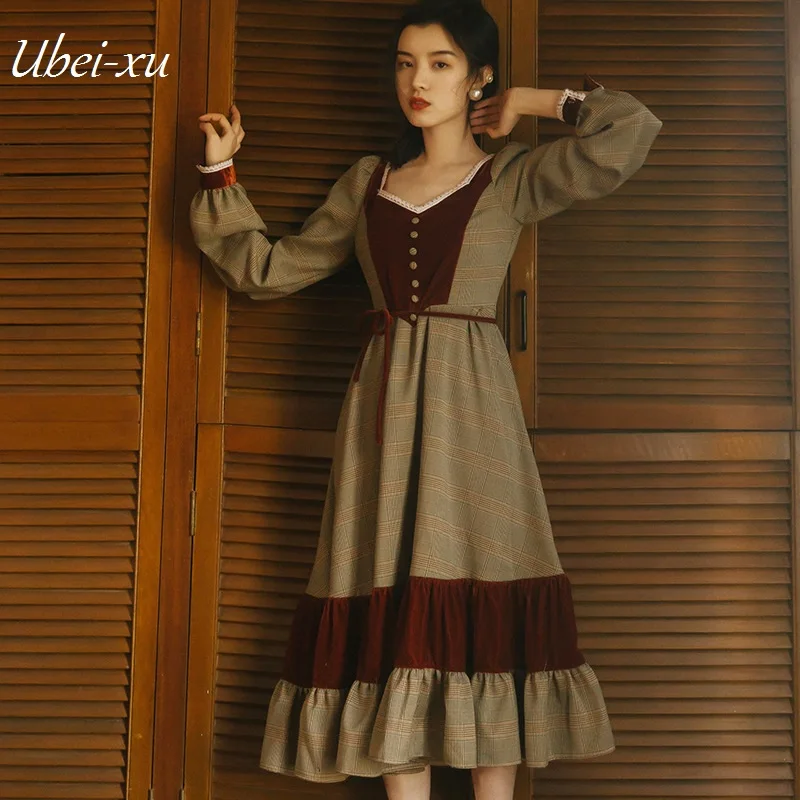 

Ubei2019 Women Vintage long dress velvet patchwork plaid French minority dress long dresses