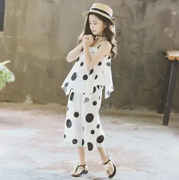 

2019 new wholesale girls 2 pcs dots set vest+wide pants fashion summer girls suit 4-9t B510