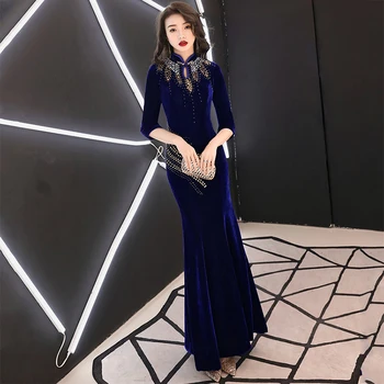 

Navy Blue Handmade Beads Qipao Chinese Women Party Dress Bling Sexy Elegant Mermaid Dresses Cheongsam Vintage Button Vestidos