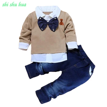 

Boy Girl Clothes Two-piece Plus Velvet Long-sleeved T-shirt Jeans Bow Tie Decoration 2-7 Y Child Quality Clothing 2019 Hot Sale