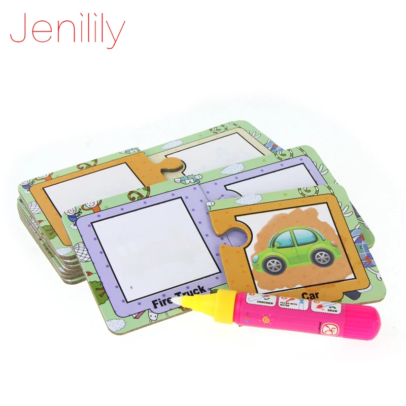 Jenilily 16pcs Water Magic Drawing Graffiti Transportation Words Card with Magic Pen Cognitive Painting Board Educational Toys