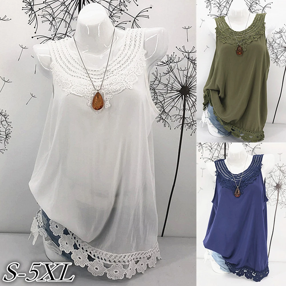 Summer Women Lace Flower Loose Sleeveless Tank Top Elegant Casual Plus Size S-5XL O-Neck T-shirt Female Solid Camisole Tops