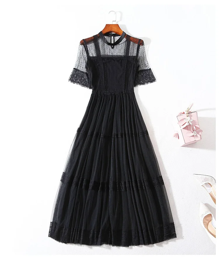 Женское сексуальное длинное черное Сетчатое платье с рукавом 3/4, элегантное плиссированное белое кружевное платье, новинка, летнее платье миди