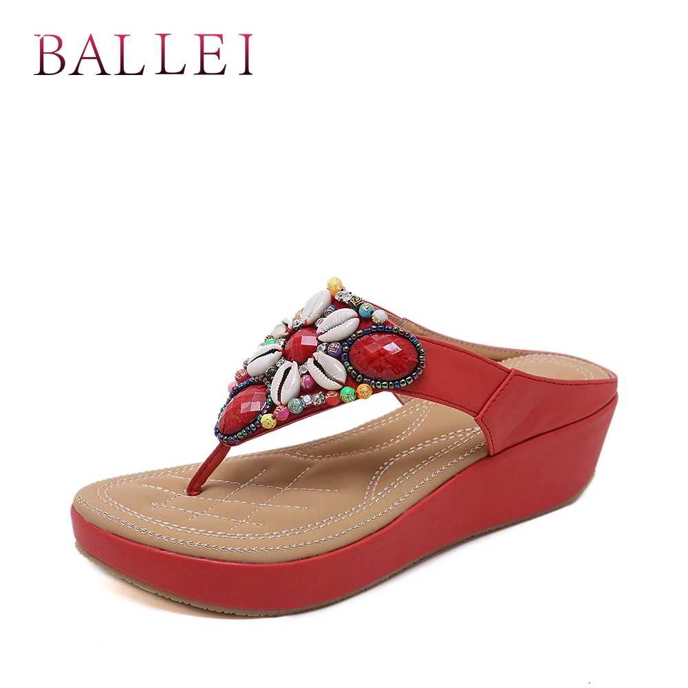 

BALLE Luxury Woman Summer Slipper Vintage PU Quality Crystal Comfortable Wedges Soft Shoes Ethnic Retro Classic Lady Slippers T6