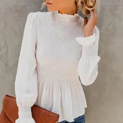 2019 Новый Шифоновая блузка Для женщин рубашка с длинными рукавами белые оборки Повседневное Для женщин s Топы и блузки с расклешенными