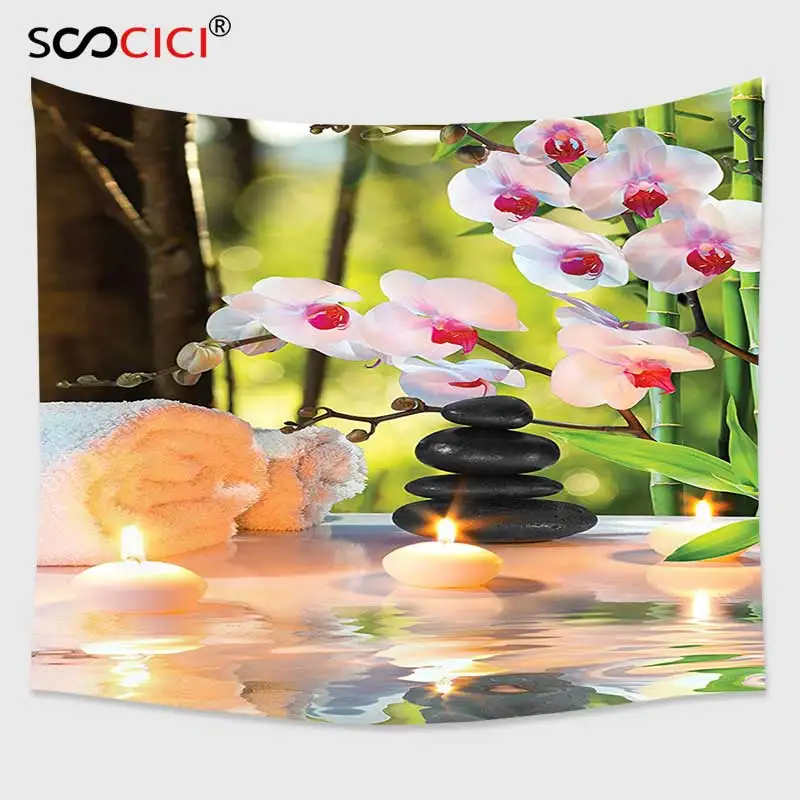 

Cutom Tapestry Wall Hanging,Spa Decor Massage Composition Spa With Candles Orchids Stones In Garden