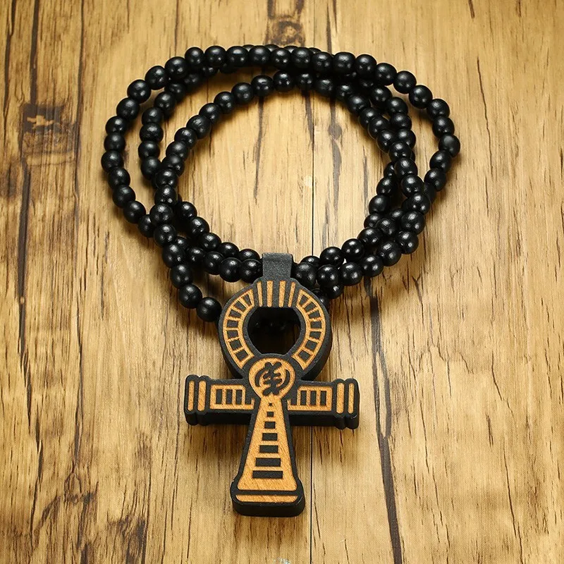 Мужская коричневая деревянная подвеска Ankh Cross с 35 дюймовым деревянным бисерным ожерельем мужские Египетские украшения в стиле хип-хоп для него ключ Нил