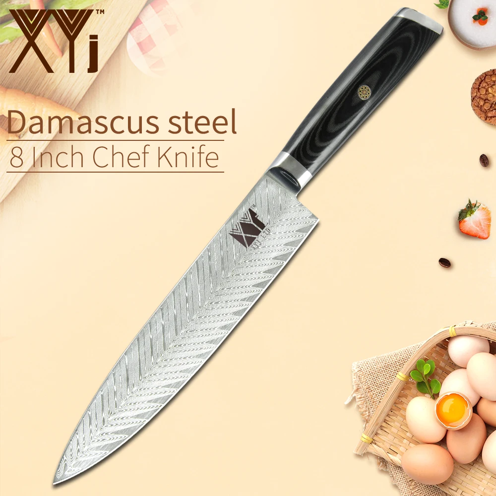 

XYj 8 inch Damascus Steel Kitchen Chef Knife Fish Pattern Blade Non-slip Handle Knife Good Toughness Kitchen Tool Accessory