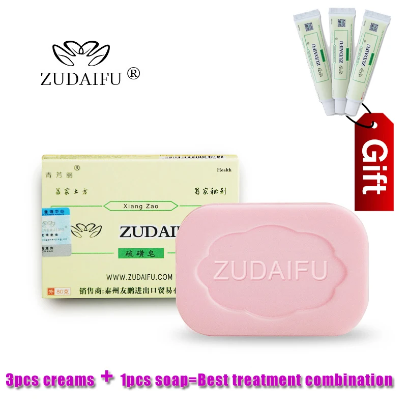 

ZUDAIFU Sulfur Soap Skin Conditions Acne Psoriasis Seborrhea Eczema Anti Fungus Bath whitening soap+3 PCS Psoriasis Cream