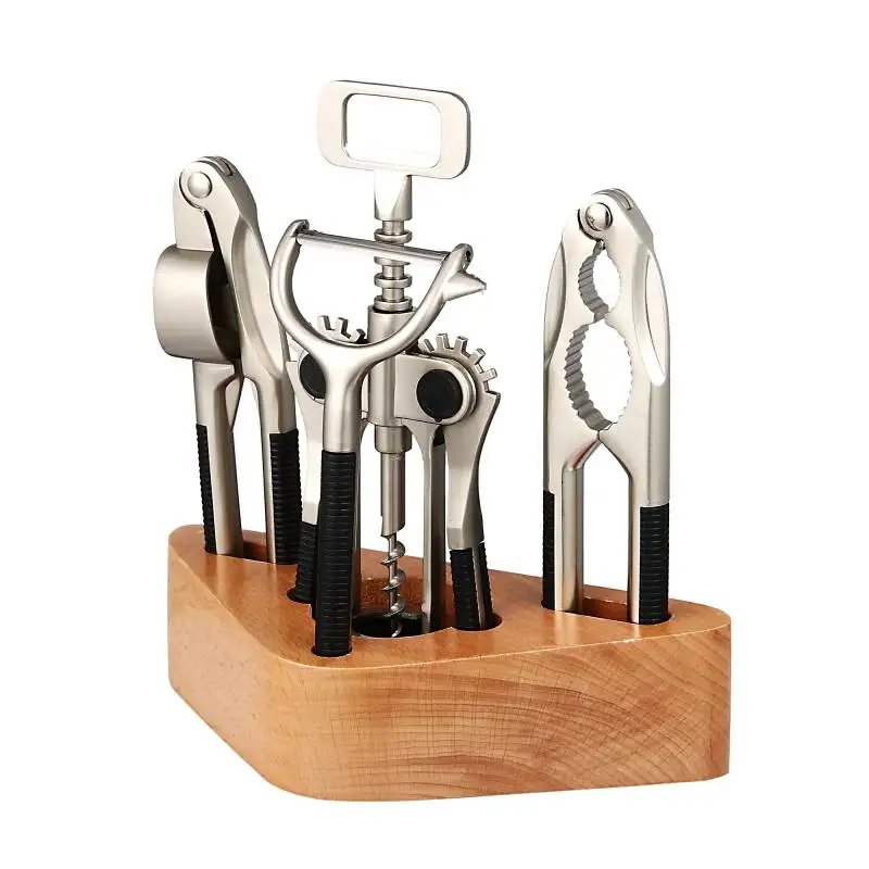 

Alloy Kitchen Tools Set Garlic Press Nuts Cracker Peeler Wine Opener Wooden Seat