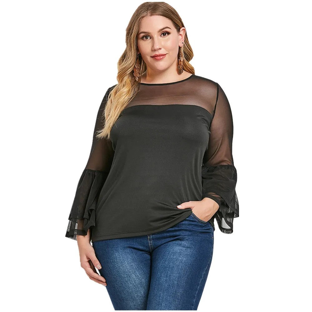 Wipalo Plus Size Mesh Panel Flare Sleeve Women Shirts Solid Black See ...