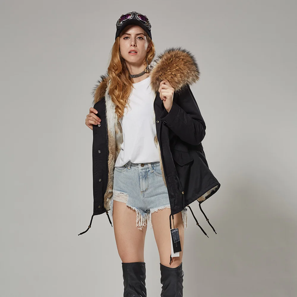 Clearance 2019 real rabbit fur lining super raccoon fur collar short section slim fit casual fur women