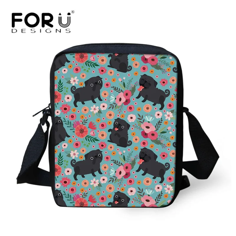 

FORUDESIGNS Cute Black Pug Flower Print Messenger Bags Kids Girls Butterfly Dachshund Cross-body Bag Luxury Canvas Handbags Lady