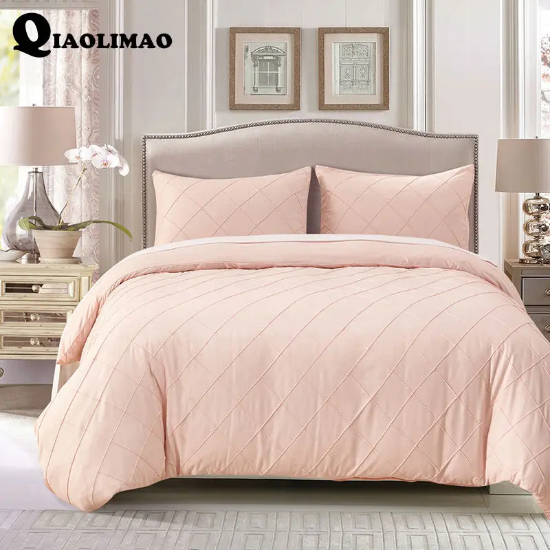 Sueding Polyester Bedding Set Pink Plain Printed Duvet Cover With