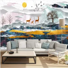 New Ink Landscape Forest Elk Golden Sunrise Birds TV Background Wall Painting New Ink Landscape Forest Elk Golden Sunrise Birds TV Background Wall Painting