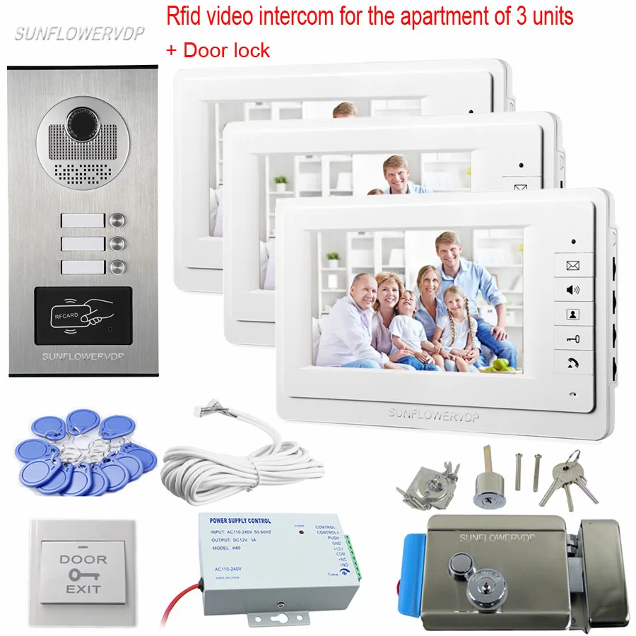 Rfid Cards font b Video b font Doorphone 7 Color Monitor For Doorphone For 3 Apartments