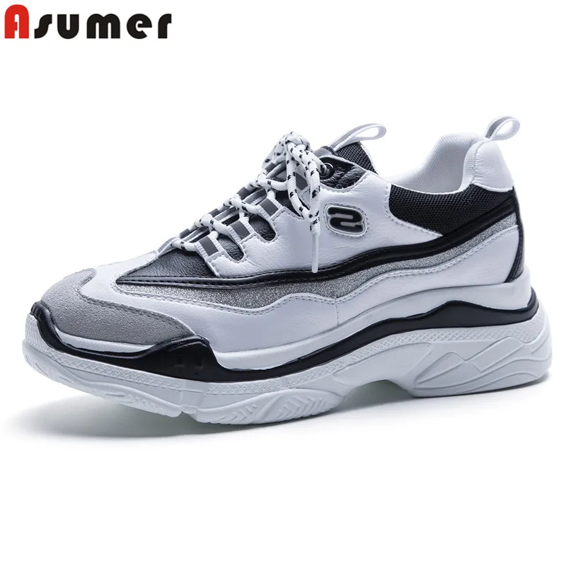 

Asumer 2018 New Four seasons genuine leather women sneakers lace up round toe casual shoes woman ladies fashion shoes