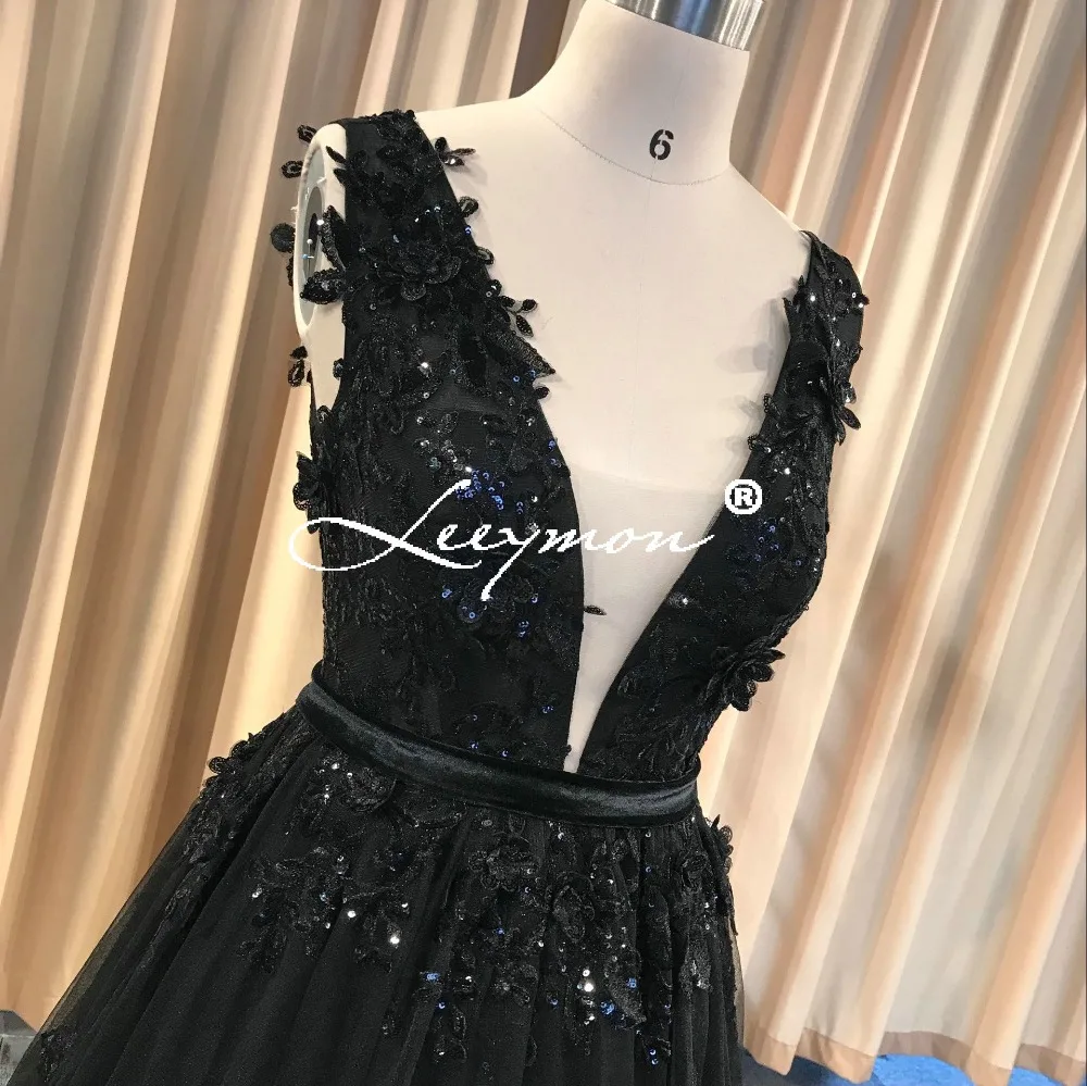 Leeymon На Заказ Sexy Backless Beading Appliques Party Dress Длина До Пола Платье Выпускного Вечера Черныйой спиной, вечернее платье с аппликацией длиной до пола, черное платье для выпускного вечера