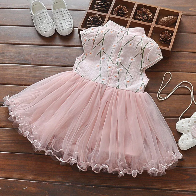 Летнее Детское платье для маленьких девочек; Чонсам; платье принцессы с цветочным рисунком; Сетчатое бальное платье в стиле пэчворк; Vestidos S6418