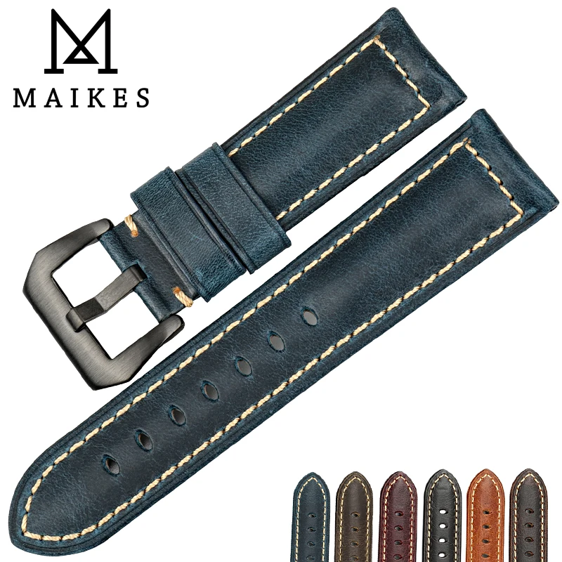 MAIKES watch strap  22mm 24mm 26mm watch accessories black buckle Italian vintage blue leather watch band for Panerai watchbands