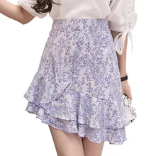 Мини-юбка с цветочным принтом, женские модные Асимметричные фиолетовые короткие юбки с оборками, женские летние новые тонкие студенческие юбки в стиле Лолиты для девочек