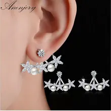 Anenjery 925 пробы серебряные циркониевые жемчужные листья цветок серьги гвоздики pendientes oorbellen Букле д 'ореиль женщины подарок S-E340