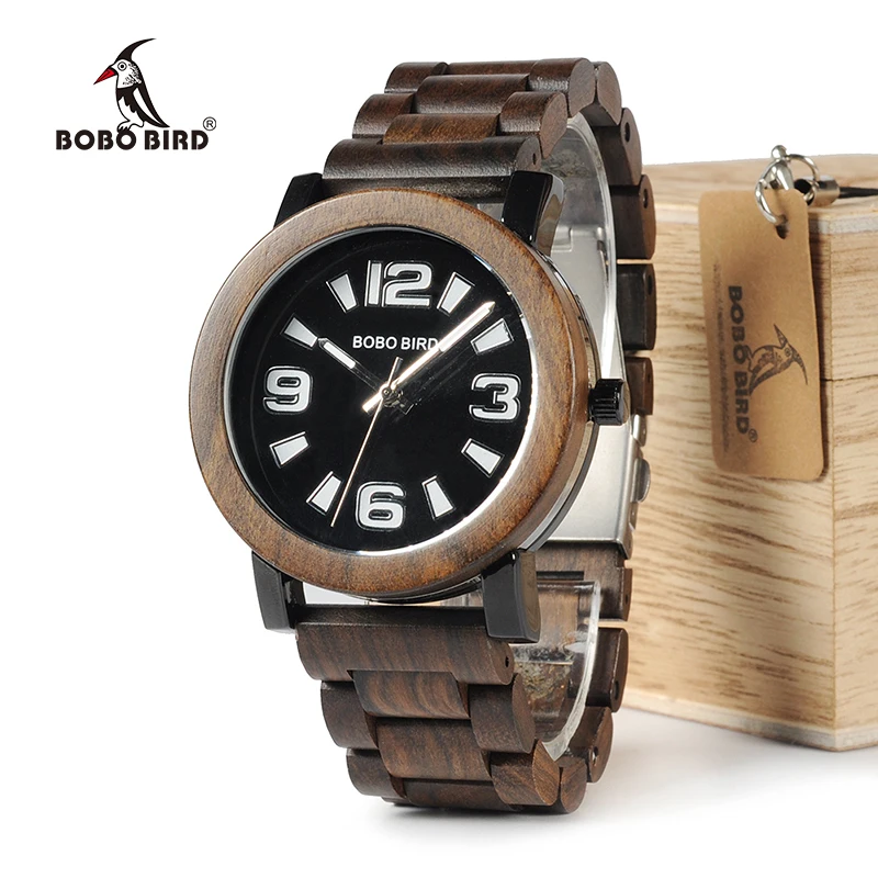 BOBO BIRD WO21O22 Fashion Wooden Metal Watches for Men with Big Number Wood Band Quartz Watch in Wooden Box