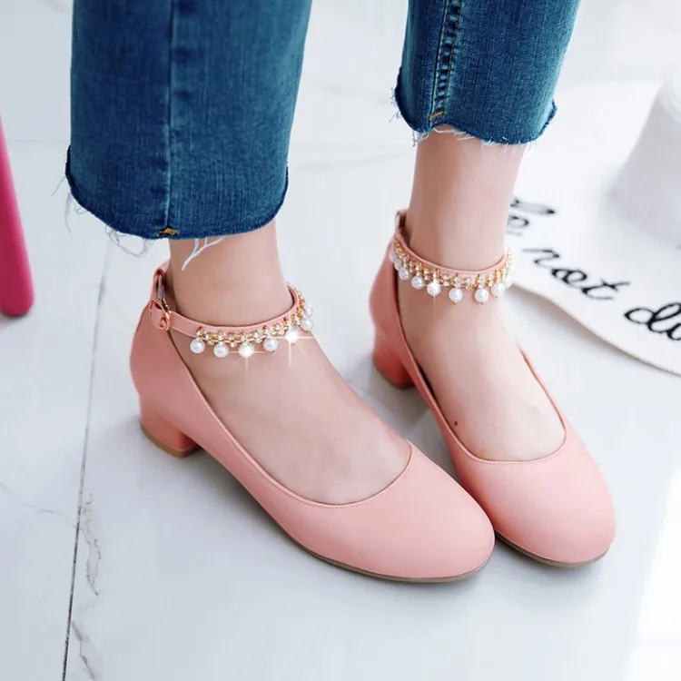 

Big Size 11 12 13 14 ladies high heels women shoes woman pumps Round head, shallow mouth, thick heel, one-word buckle beads