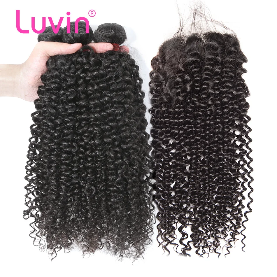 

Luvin Peruvian Hair Kinky Curly Human Hair 3 Bundles With Lace Closure Middle Part Bleached Knots Remy Hair Shipping Free
