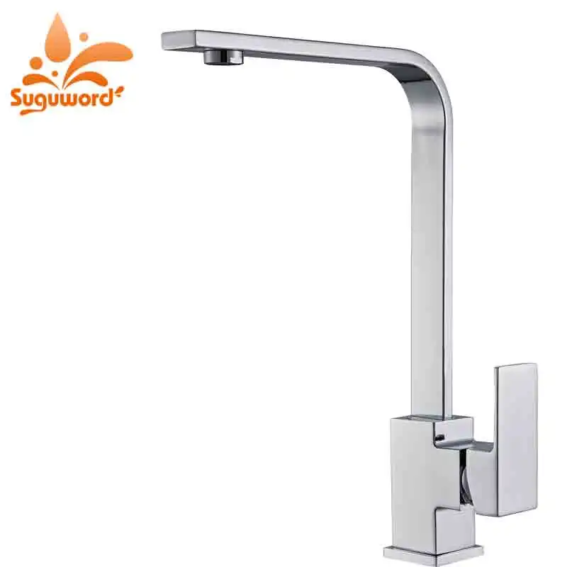 

Suguword Chrome Kitchen Faucet Deck Mounted Single Handle one Hole Mixer Tap Ceramic Valve Hot and Cold Water Switch