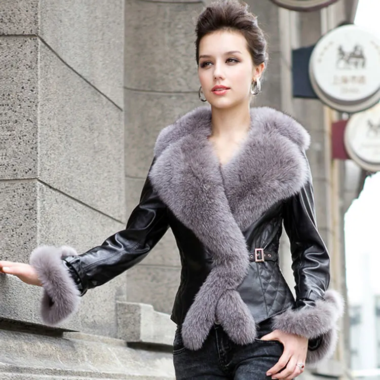Зимний женский модный мотоциклетный пуховик из овчины, натуральная кожа, хлопок, большой воротник из натурального Лисьего меха, тонкое пальто из натурального меха