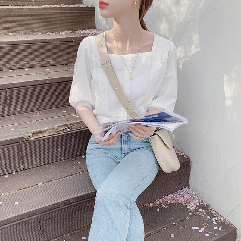 

Recommend Lace Hem Patchwork Square Neck Blouse Puff Sleeve Top Women Shirt Summer Chemise Femme Blusa Mujer Camisa