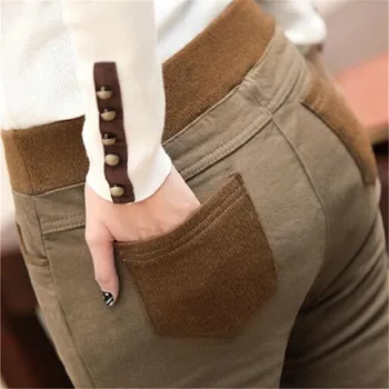 

Women Winter warm stretch high elastic waist casual cotton pants Plus size S-4XL thick fleece patchwork pencil pants Trousers
