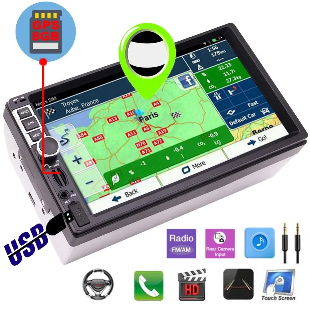

Radio Screen Mirror Steering Wheel Control Remote Control Car Stereo 7 Inch GPS Navigation Double DIN 2DIN Bluetooth Capacitive