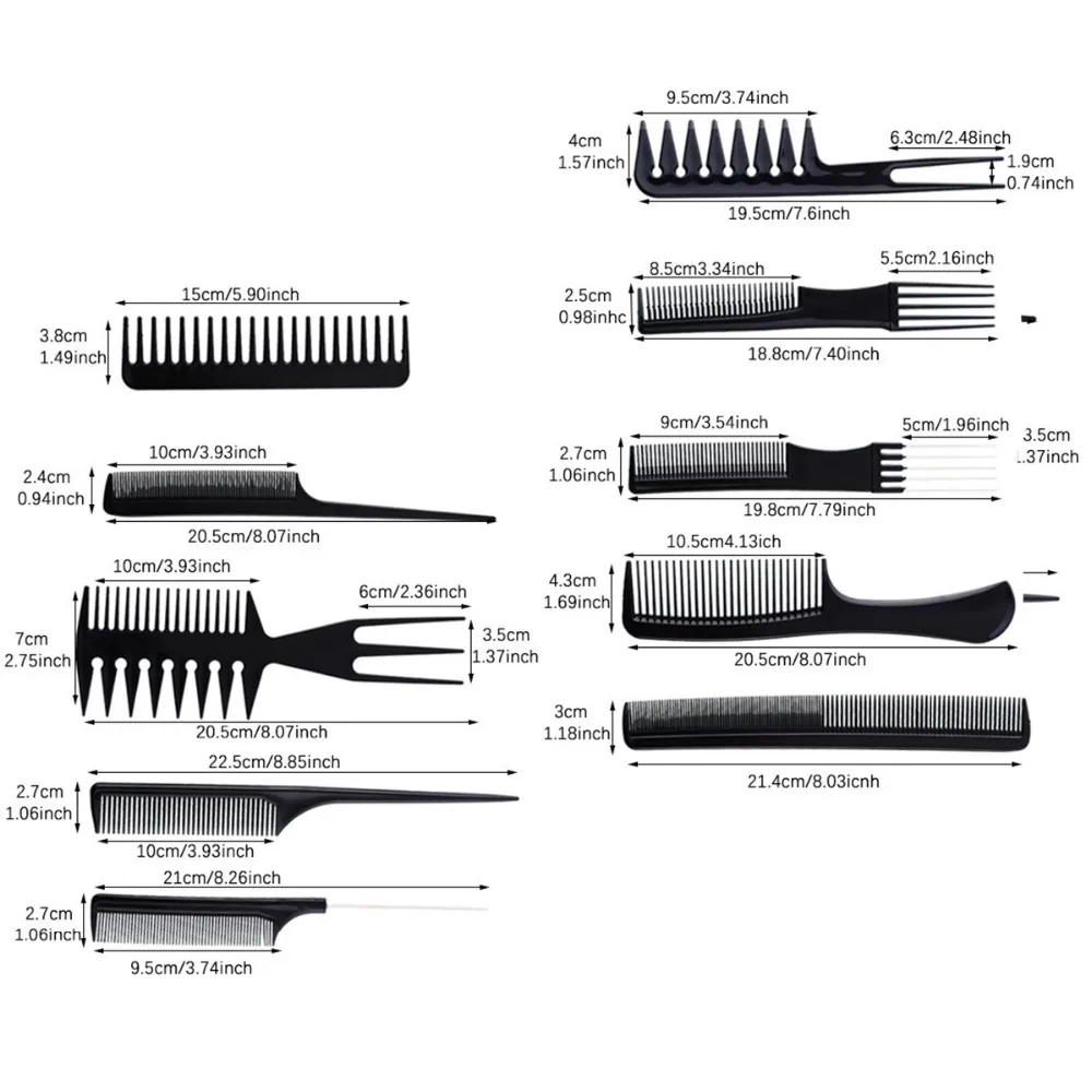 10 шт./компл. салон щетки расческа укладка расчески Профессиональные парикмахерские черные пластиковые парикмахерские щетки для волос набор
