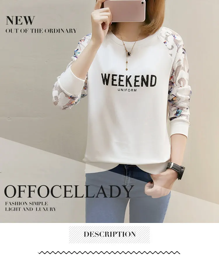 Fashion Autumn T-shirt Women Tshirt Lace Long Sleeve Tops Letter Print T-shirt Casual White Tshirts Camiseta Mujer Moda 2019 (1)