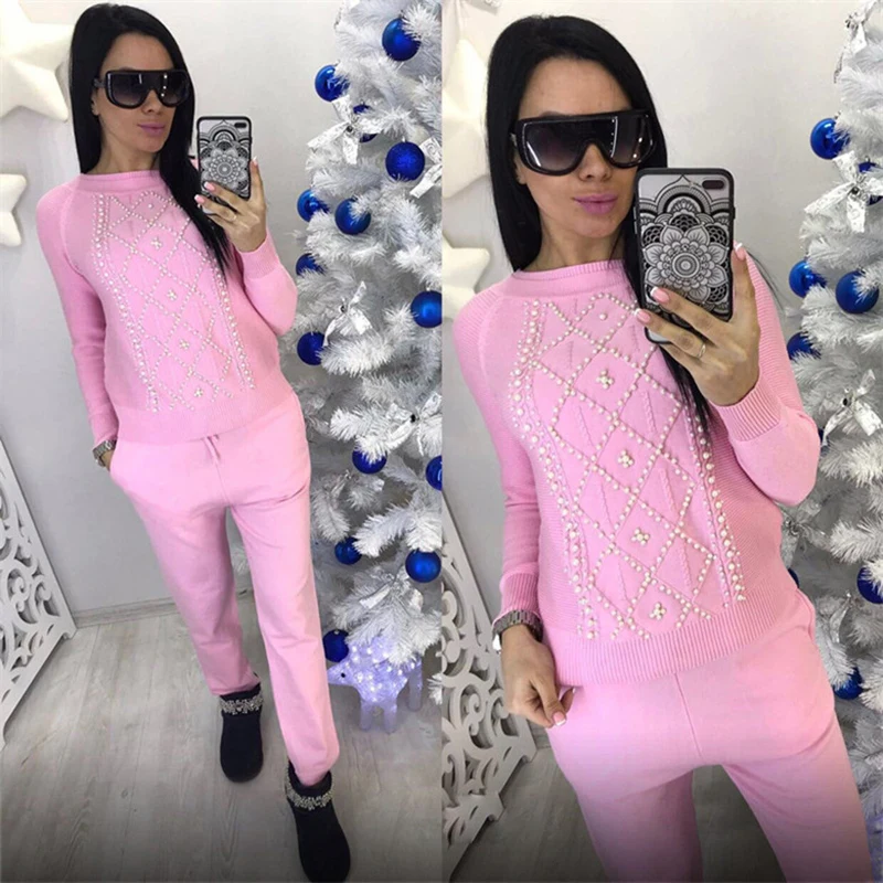 

Winter Women Sweater Suit And Sets Beading Sweatshirts Tops+Pants Tracksuit Two Piece Set Female Knitted Sporting Suits Clothing
