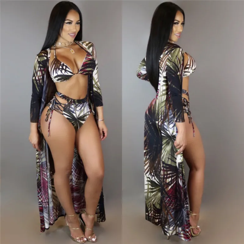Women 3 Pieces Bikini Set 2018 Sexy High Waist Swimsuit Swimwear + Cover Up Brazilian Beachwear Leaf Printed Cardigan Biquini3