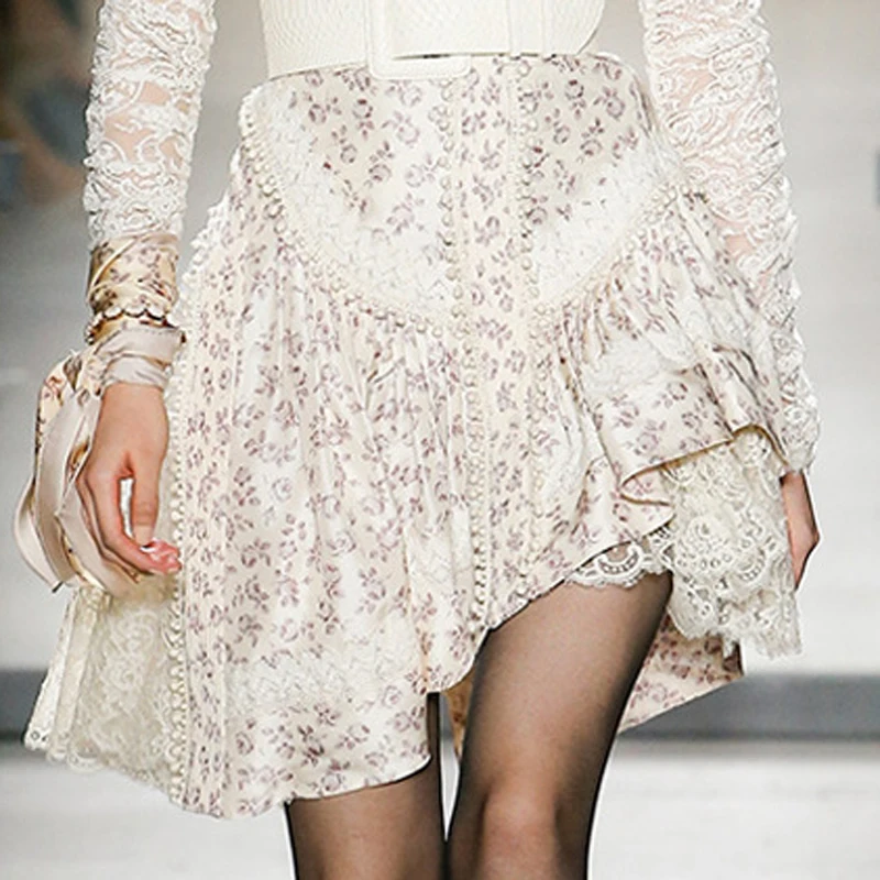 

TOP QUALITY Fashion 2019 Designer Runway Skirt Women's Floral Print Lace Embellished Asymmetrical Skirt