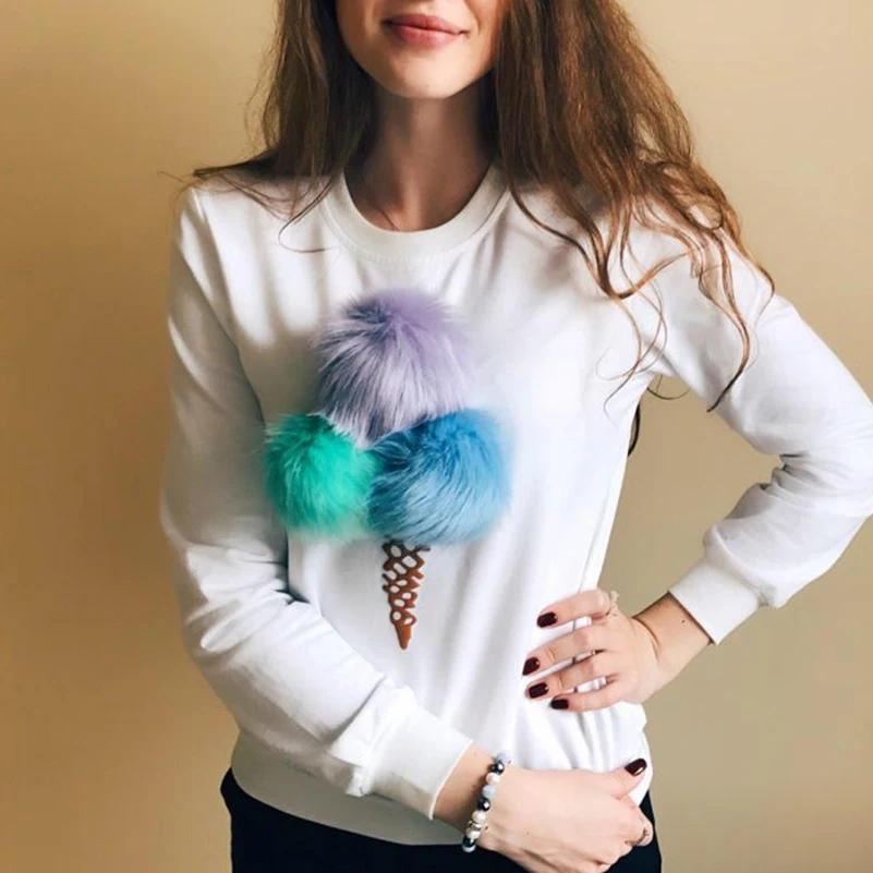 Cute Fluffy Ice Cream Cone Print Women Hoodies Long Sleeve O neck