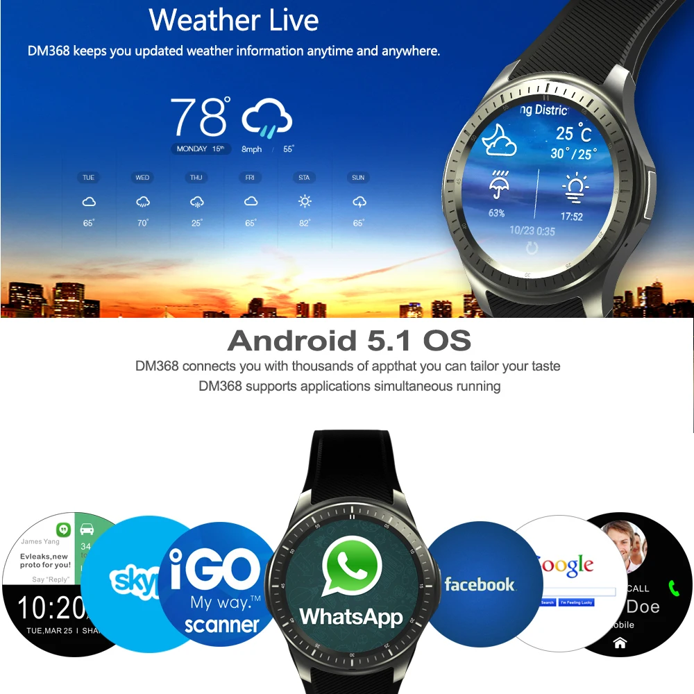 DM368 Смарт часы Andriod MTK6580 четырехъядерный Android телефон с сим картой 3G WiFi GPS Bluetooth